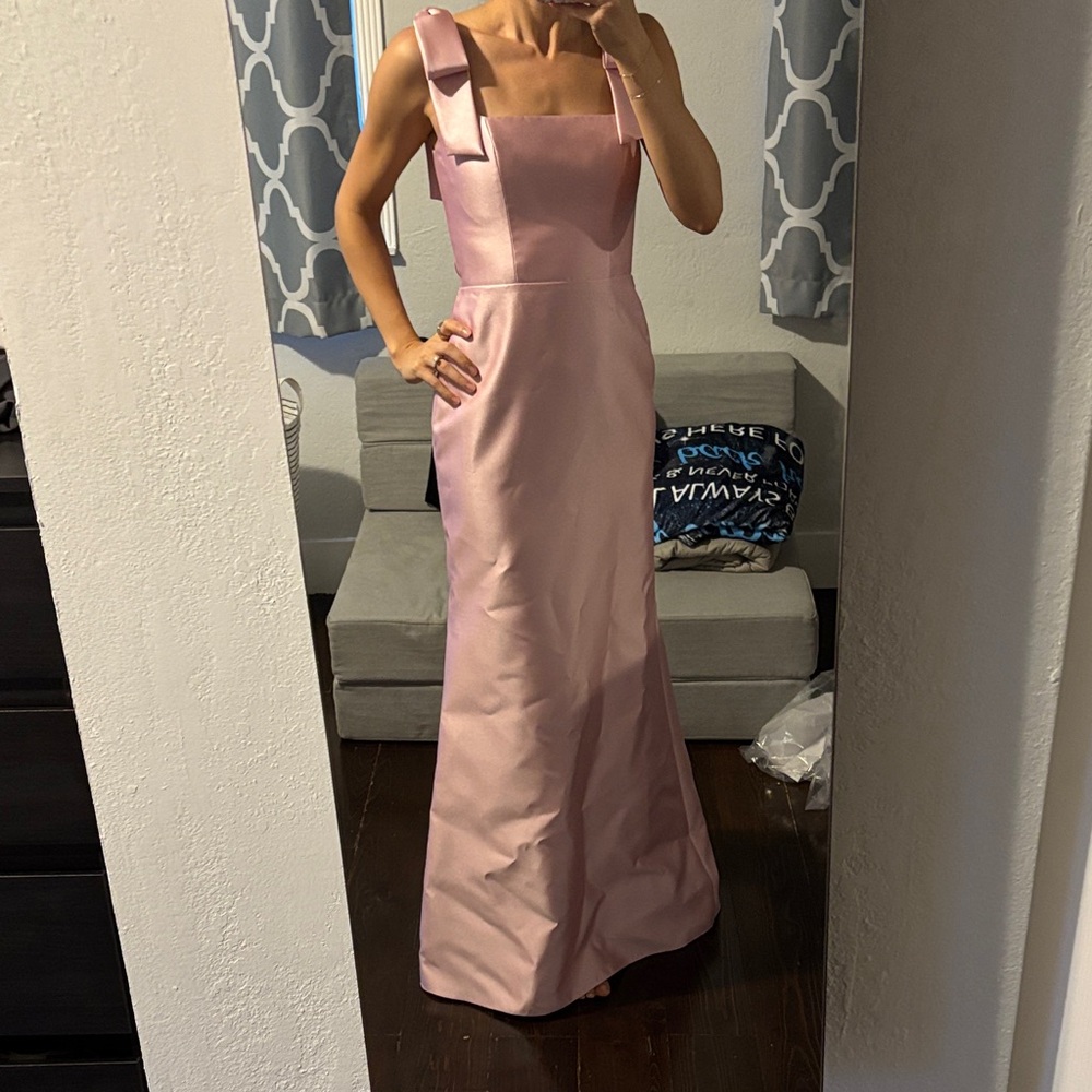 ALFRED SUNG Blush Pink Satin Maxi Dress with Square Neck and Strap Bows